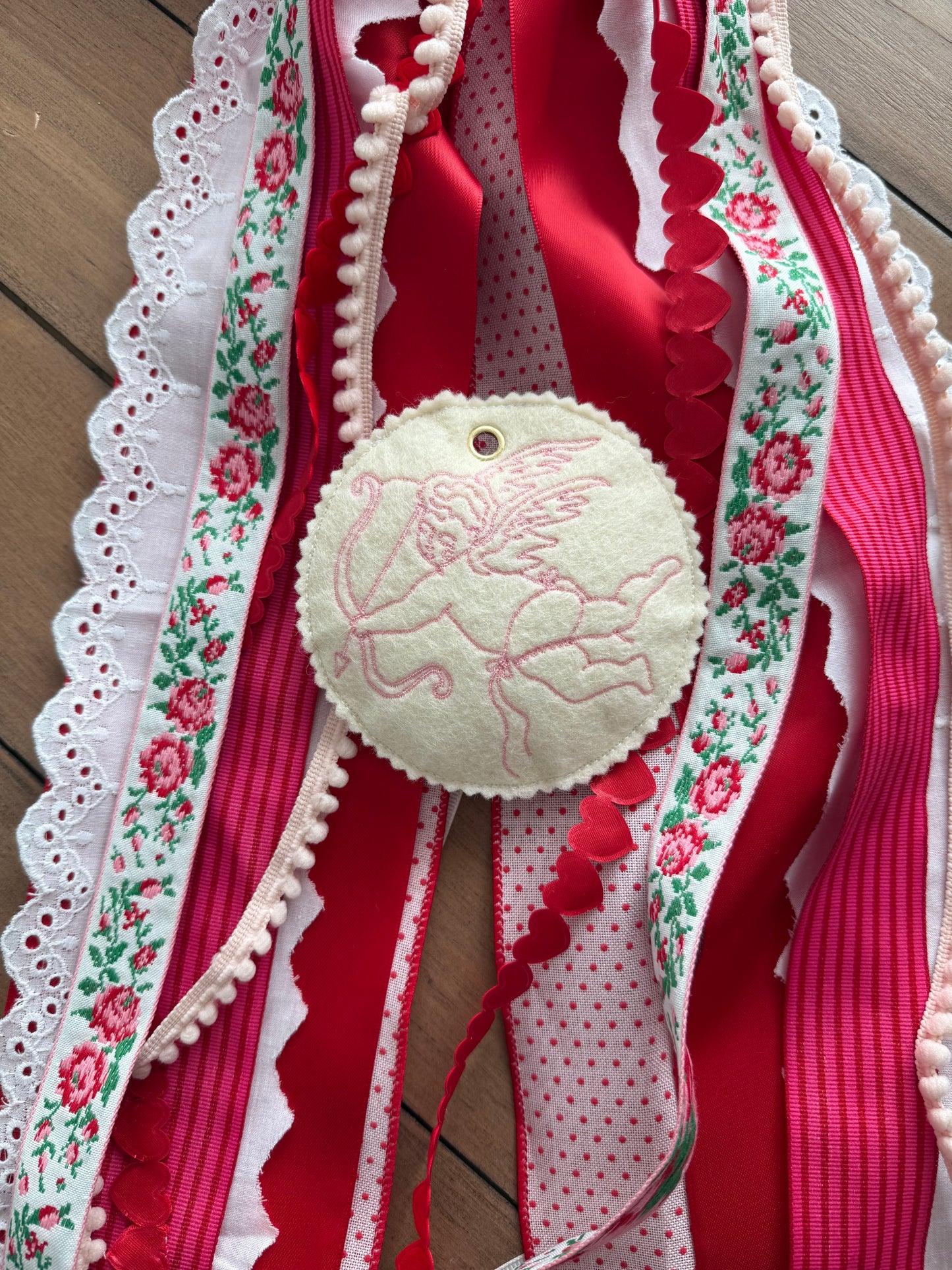 Embroidered Valentines ornament- cupid