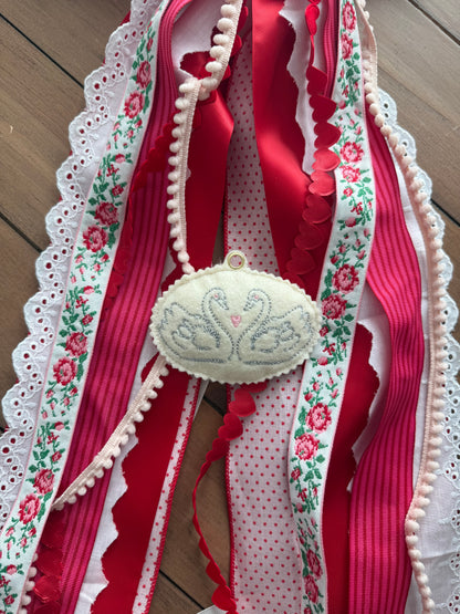 Embroidered Valentines ornament- swans